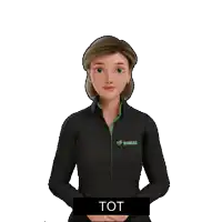 a cartoon woman wearing a simax jacket is talking