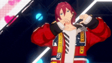 a 3d anime character is wearing a red jacket that says exceed excel