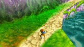 a video game character is walking down a path in the woods