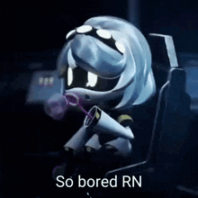 a cartoon character is sitting in a chair blowing bubbles while holding a megaphone .