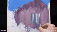 a painting of a building is being painted with a spatula