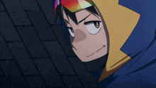 a cartoon character wearing a blue and yellow hoodie and sunglasses