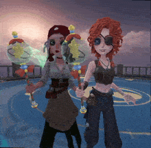 two cartoon characters are standing next to each other and one has an eye patch on her eye