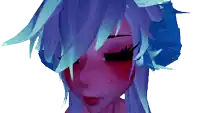 a close up of a girl 's face with blue hair and red cheeks