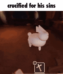a cartoon rabbit is being crucified for his sins in a video game .