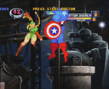 a video game screen shows a purple superhero flying through a fire circle with the press start button above him