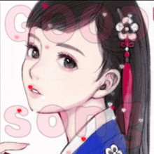 a drawing of a girl with hearts on her lips and the word good soon in the background
