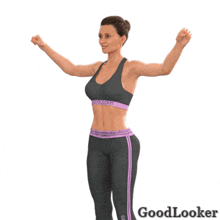 a woman in a sports bra and leggings stands with her arms in the air and the words goodlooker below her