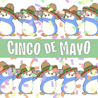 penguins wearing sombrero hats are lined up in a row with the words cinco de mayo in the upper right corner