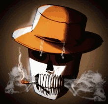 a skull wearing a hat smoking a cigarette