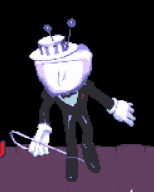 a pixel art of a cartoon character in a tuxedo