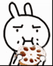 a cartoon rabbit is eating a cookie with a surprised face on its face .