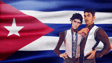 two men standing in front of a flag with a white star on it