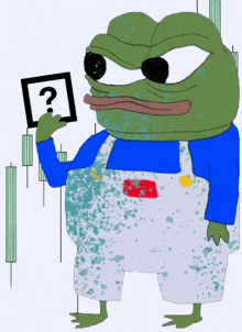 a frog with overalls and a blue shirt is holding a square with a question mark in it