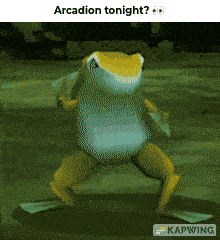 a picture of a frog dancing with the caption " arcadium tonight "