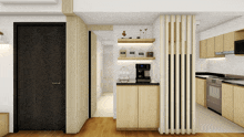 a kitchen with a coffee maker on a counter