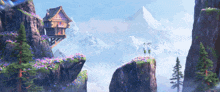 a house on a cliff surrounded by mountains and flowers