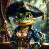 a picture of a crocodile wearing a pirate hat and a blue jacket