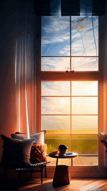 a window with a view of a field and a table in front of it