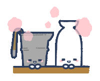 a cartoon drawing of a pitcher and a bottle with a face on them