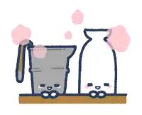 a cartoon drawing of a pitcher and a bottle with a face on them