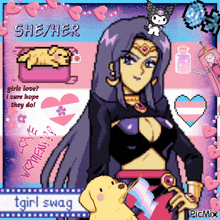 a pixel art of a woman holding a transgender flag with the words she / her on the bottom