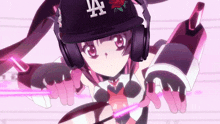 a girl wearing a la hat and headphones is holding a spray can