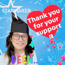 a woman wearing glasses and a black hat with a red heart that says " thank you for your support "