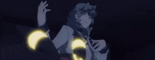 a cartoon character is standing in the dark with his arms outstretched and glowing bracelets around his wrists .