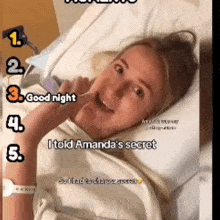 a woman is laying in a hospital bed with the words good night i told amanda 's secret