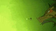 a green background with a dragon and a person flying in the air