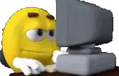 a yellow smiley face is looking at a computer screen .