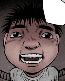 a cartoon drawing of a boy with a speech bubble above his head