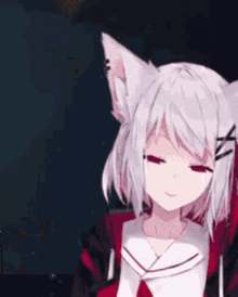 a anime girl with white hair and cat ears is smiling