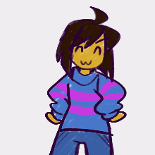 a drawing of a person wearing a purple and blue striped shirt