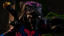 a close up of a black and pink lego figure
