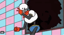 papyrus is standing in front of a broken window in a cartoon .