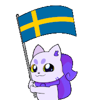 a cartoon cat holding a blue and yellow flag