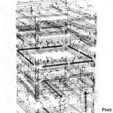 a black and white drawing of music notes in the shape of a building .