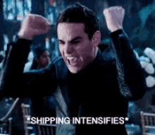 a man is raising his fist in the air with the words shipping intensifies above him