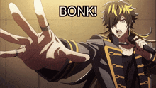 a man holding a microphone with the words bonk written above him
