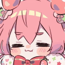 a drawing of a girl with pink hair and a bow on her head
