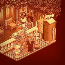a pixel art drawing of a man and a woman standing in front of a counter in a cafe .