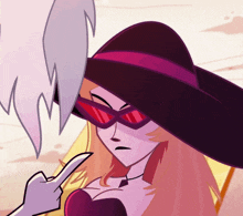 a cartoon character wearing a hat and sunglasses points to another character
