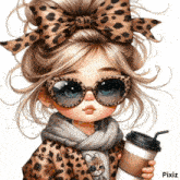 a girl wearing sunglasses and a leopard print jacket is holding a cup of coffee