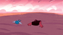 a cartoon character with a blue wing is standing next to a cartoon character with a black head