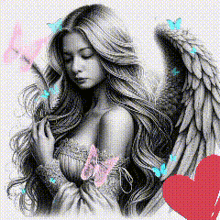 a drawing of a woman with wings and butterflies next to a red heart
