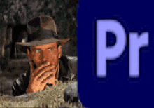 a picture of a man in a hat next to a blue pr logo