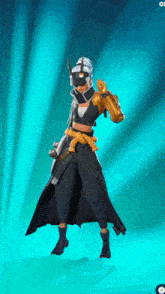 a video game character is wearing a black cape and holding a sword