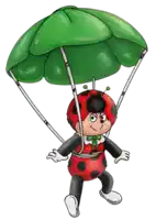 a ladybug with a green parachute is flying through the air